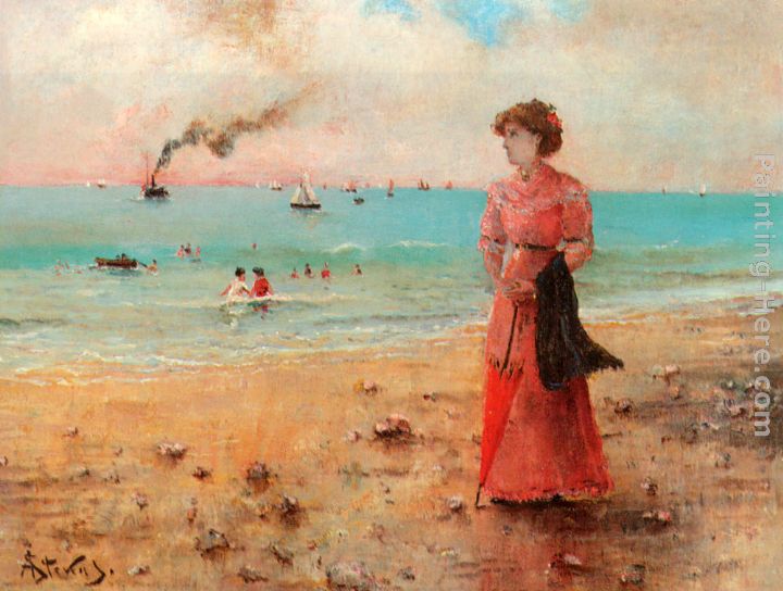 Jeune femme a l'ombrelle rouge au bord de la mer painting - Alfred Stevens Jeune femme a l'ombrelle rouge au bord de la mer art painting